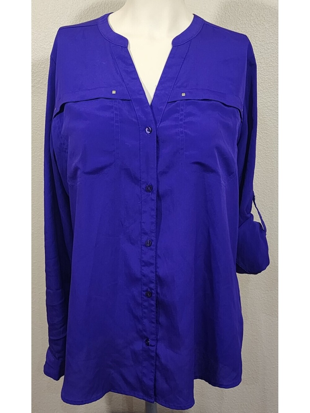 Attention Women’s Size Large Purple Button Up Shirt Blouse Long Sleeve Pockets